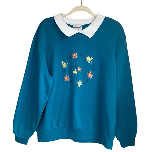 Vintage Anthony Richards Sz 1X Blue Floral Sweatshirt White Collar Embroidered - Picture 1 of 8